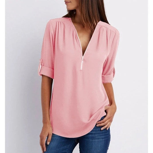 Priya | Women's Zip Front V-Neck 3/4 Sleeve Blouse