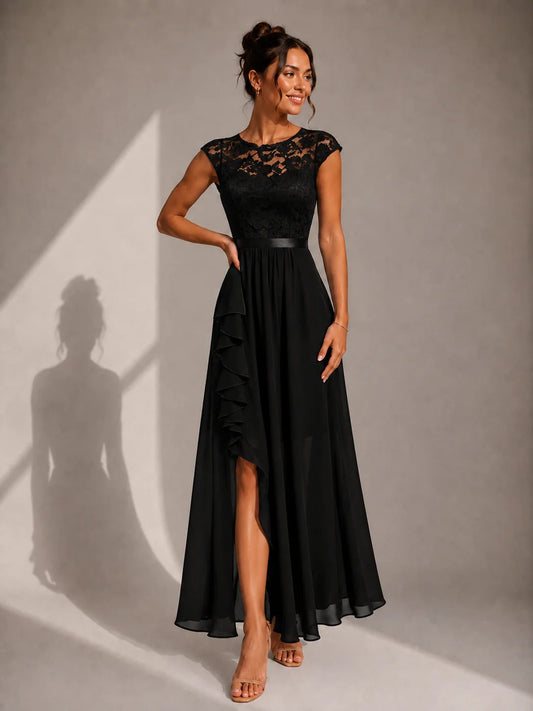 Asha - Lace Maxi Dress with Ruffle Slit – Black
