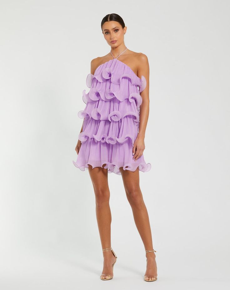 Purple Crinkle Chiffon Tiered Ruffle Mini Dress Mac Duggal