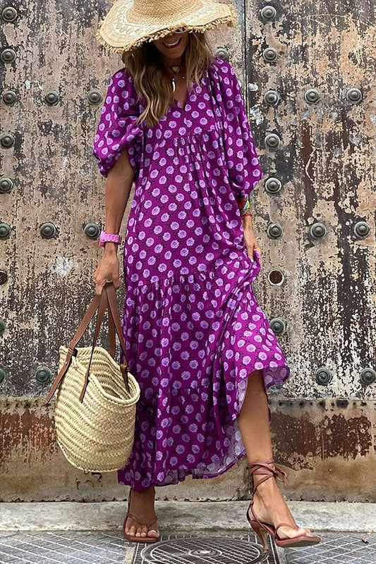 Purple Fabulous Time Puff Sleeve Tiered Midi Dress