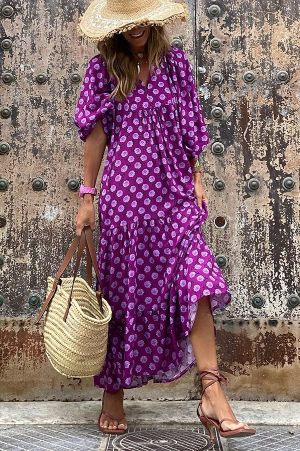 Purple Fabulous Time Puff Sleeve Tiered Midi Dress