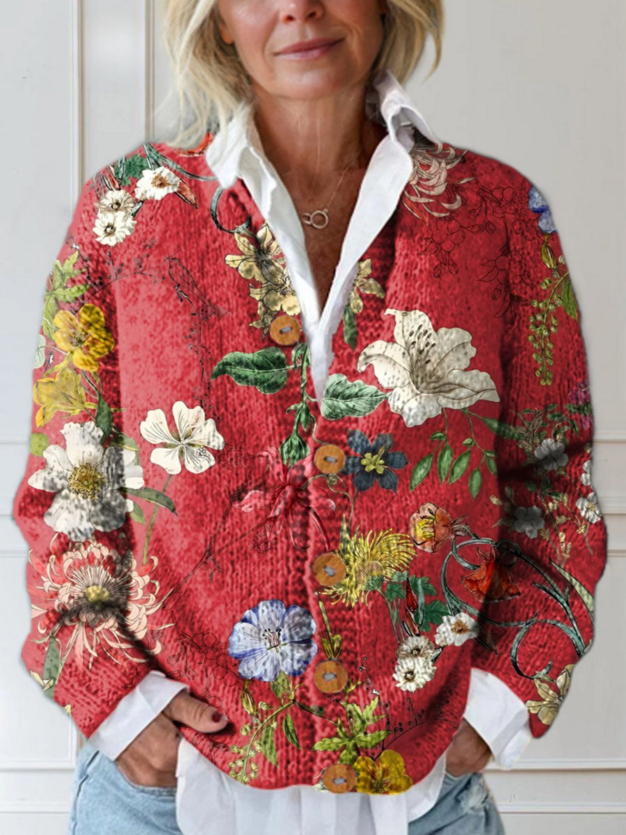 Olivia | Quilted Floral Cardigan Button-Front Vintage Style Relaxed Red