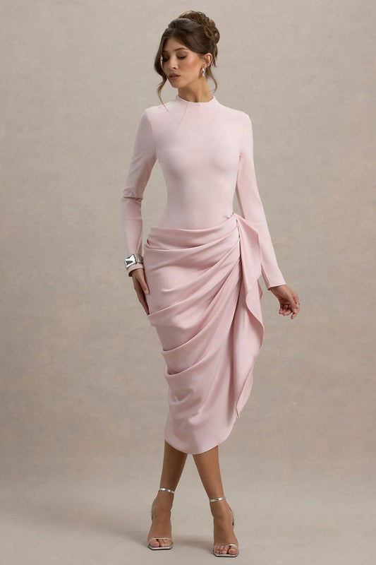 Raffie Pink Long Sleeve Midi Dress With Satin Wrap Skirt