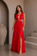Red Cutout Frilly Maxi Dress Large