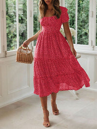 Red Hazel Blues Printed Square Neck Short Sleeve Midi Dress