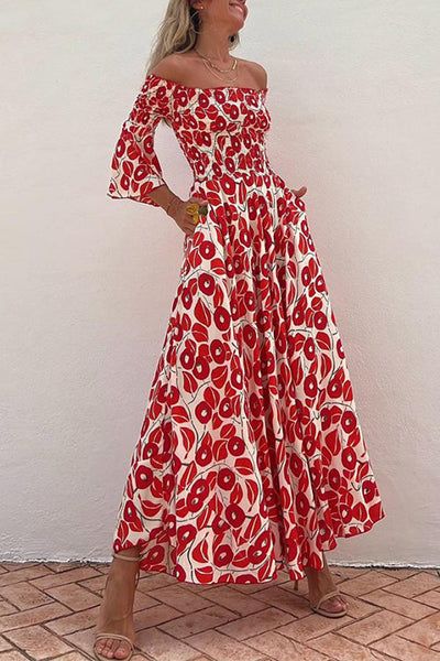 Red Off Shoulder Bell Sleeves Abstract Print Swing Maxi Dress