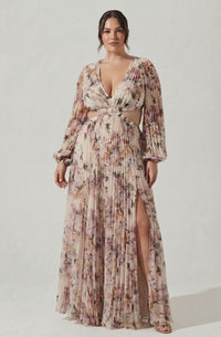 Revery Floral Long Sleeve Maxi Dress Plus Size Cream Pink Floral