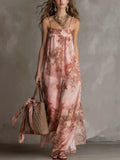 Romantic Bohemian Blush Floral Flowing Long Dress Pink