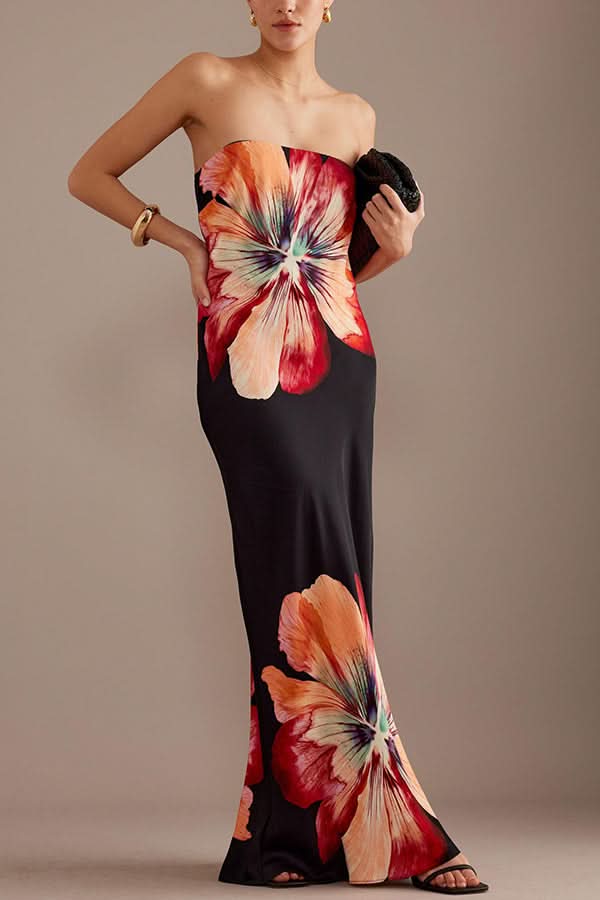 BECKY | SATIN FLORAL MAXI DRESS Black