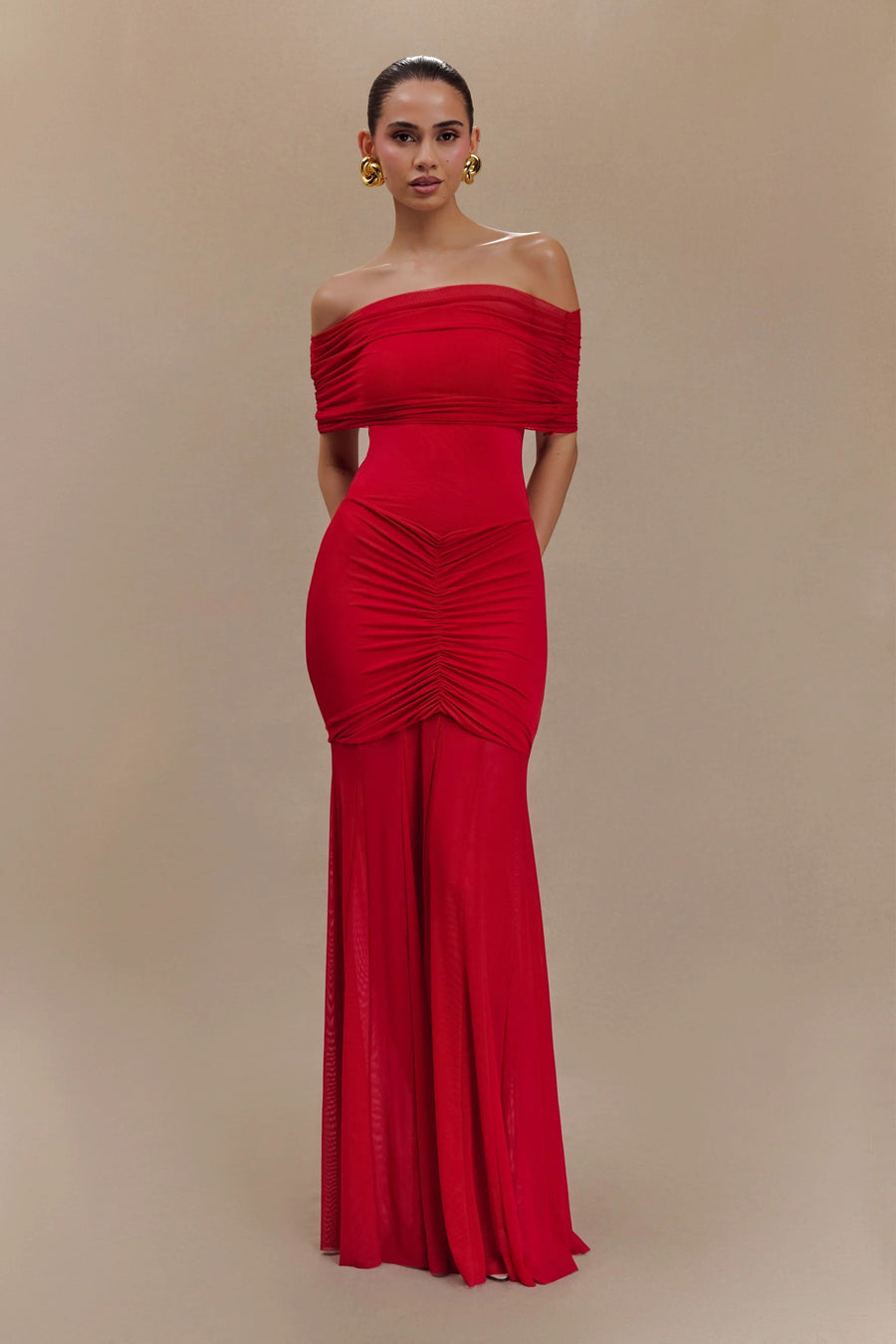 CASPIAN | OFF SHOULDER MAXI DRESS Red