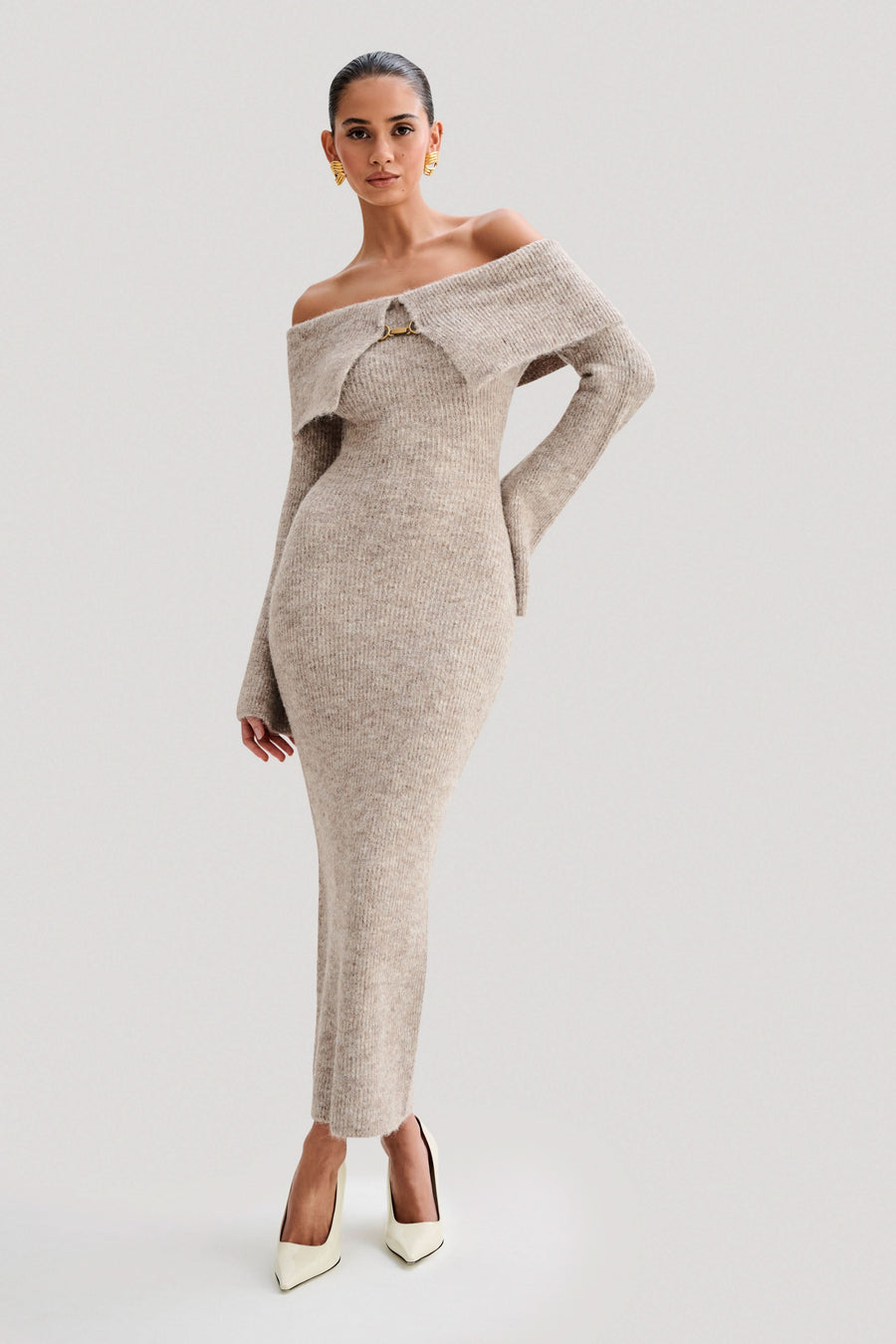 DIANA | OFF SHOULDER KNIT DRESS Beige