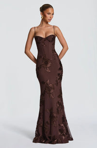 JOYCE | FLORAL CORSET MAXI DRESS Plum Brown