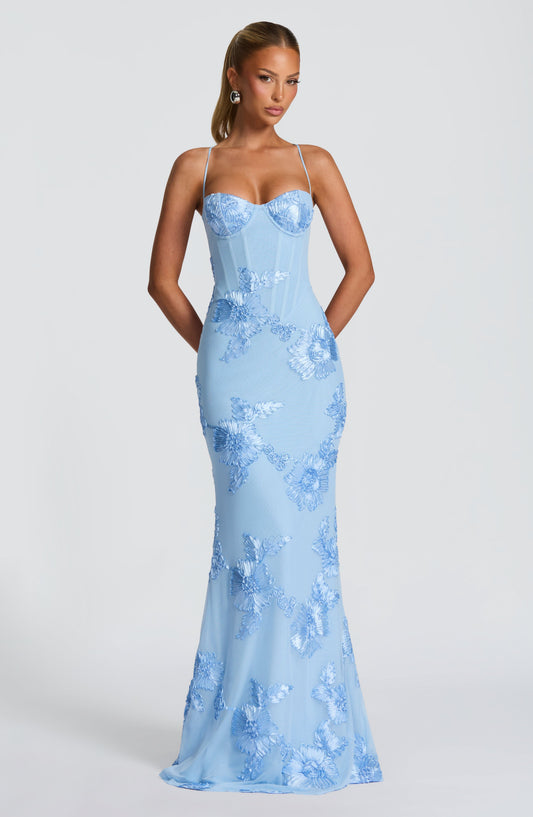 JOYCE | FLORAL CORSET MAXI DRESS Glacier Blue