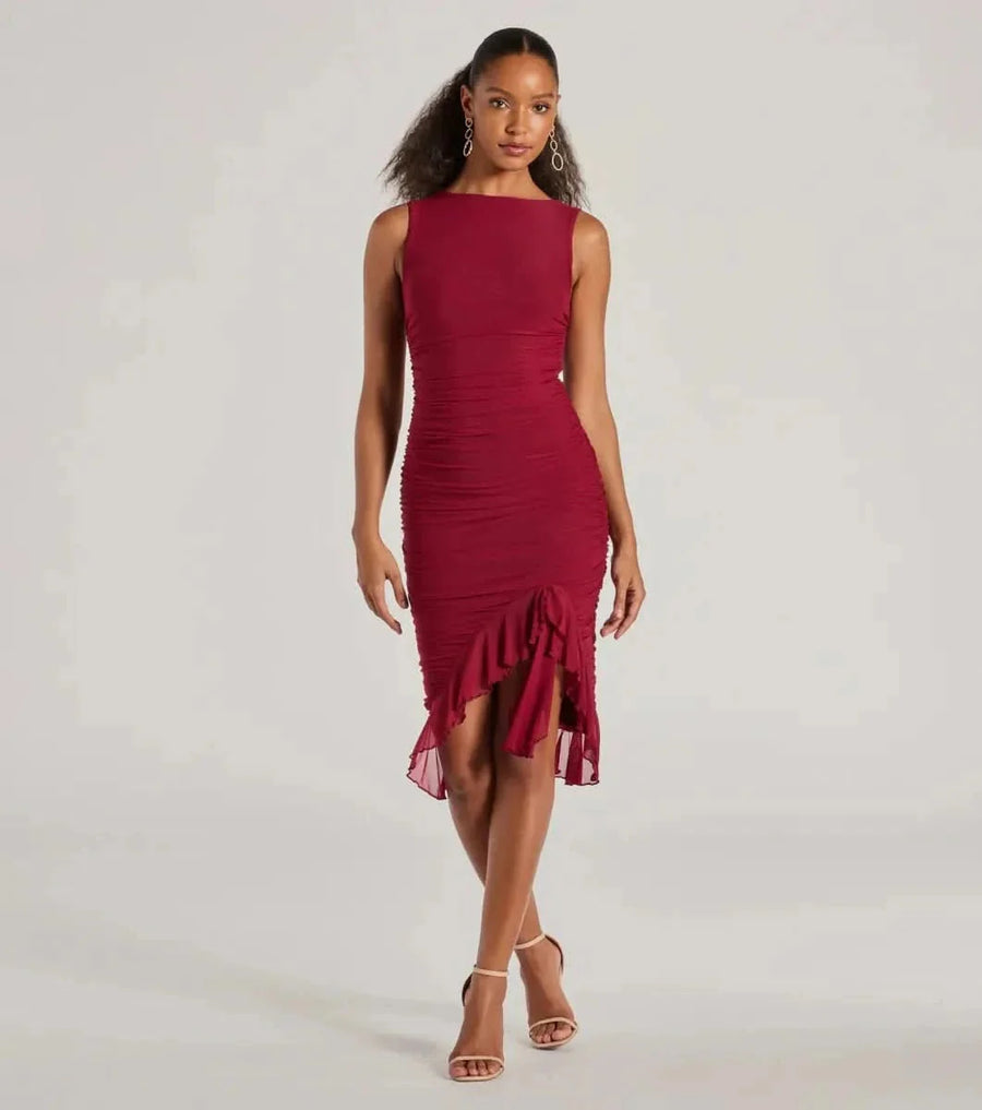MEEDA | RUFFLE MIDI DRESS Red
