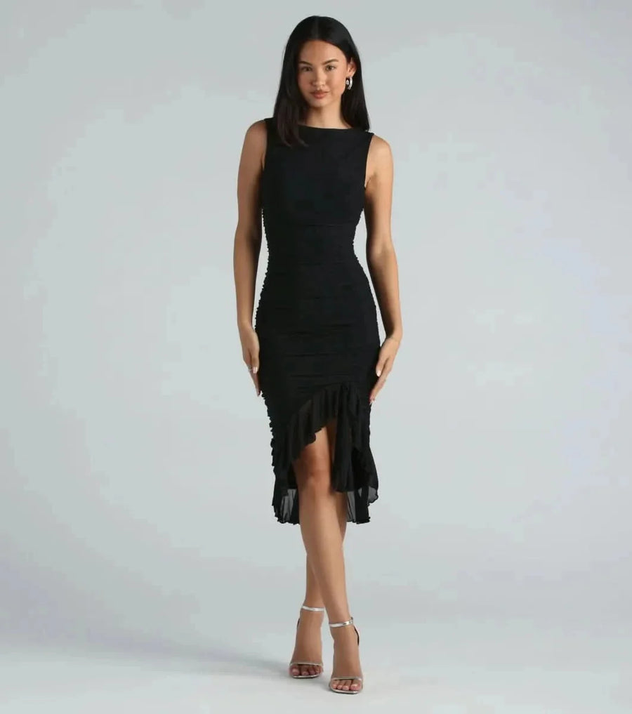 MEEDA | RUFFLE MIDI DRESS Black