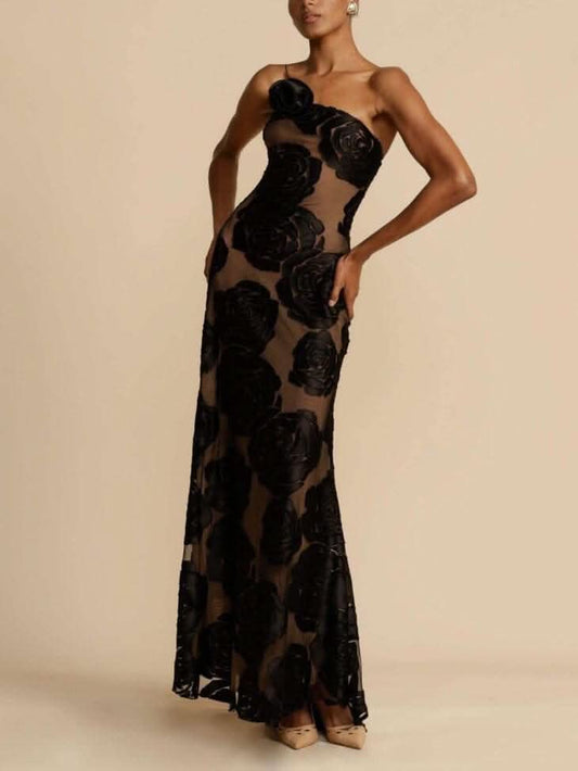 NONA | 3D ROSE MAXI DRESS Black