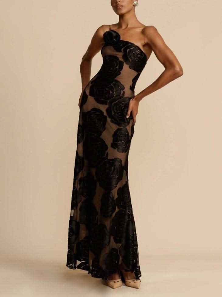 NONA | 3D ROSE MAXI DRESS Black