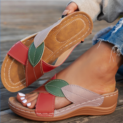 Rosemarie | Women's Slip On Leaf Appliqué Wedge Sandals