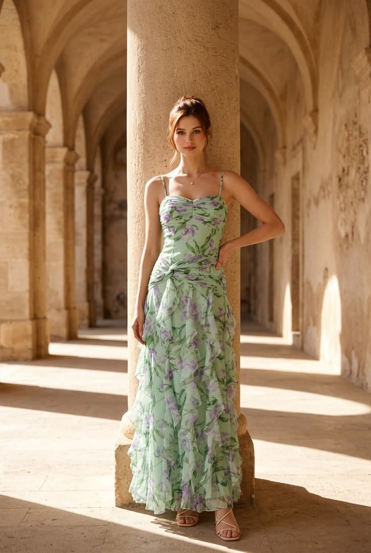 Rosy Floral Maxi Ruffle Dress Mint