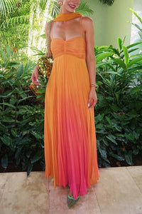 Ruched Back Lace Up Gradient Pleated Maxi Cami Dress