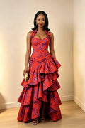 Ruffle Trim Halter Bustier Gathered Multi Tier Maxi Dress