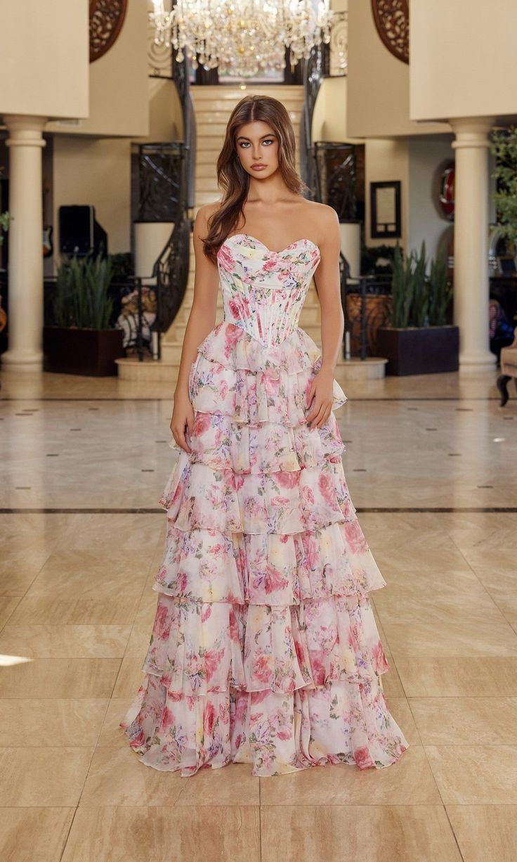 Ruffled Long Print Prom Dress: Nox Anabel Q1779 Black Print
