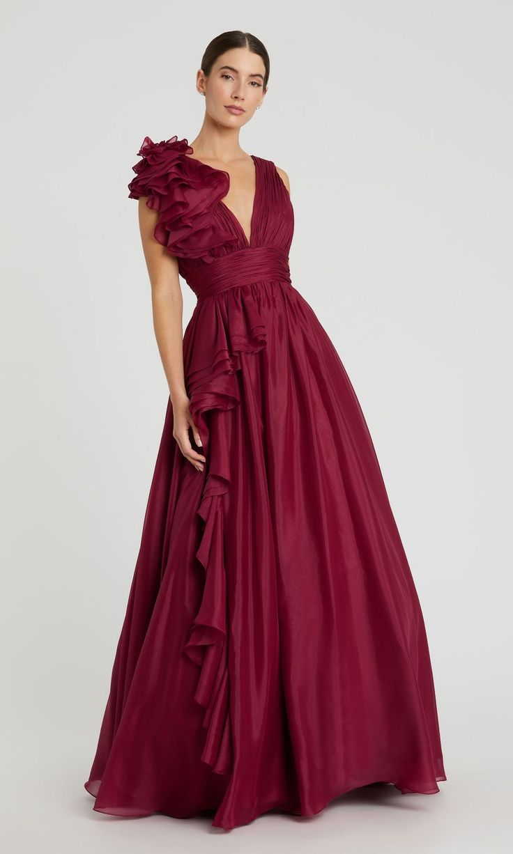 Ruffled Long Prom Ball Gown: Mac Duggal 48856 Wine