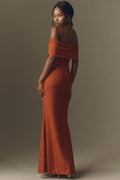 Rust Off The Shoulder Lace Mesh Dress