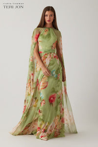 Sage Chiffon Floral Cape Gown Celery Multi