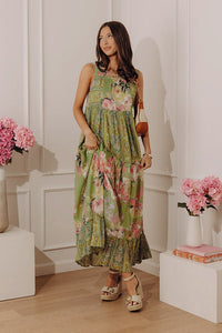 Sage Petal Promenade Tiered Maxi Dress