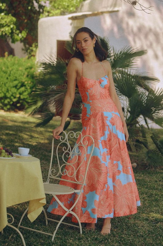 Saige Gown Sky Coral Layered Outline Peonies