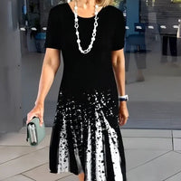 Saskia | Women's Black White Print Midi Dress Short Sleeve