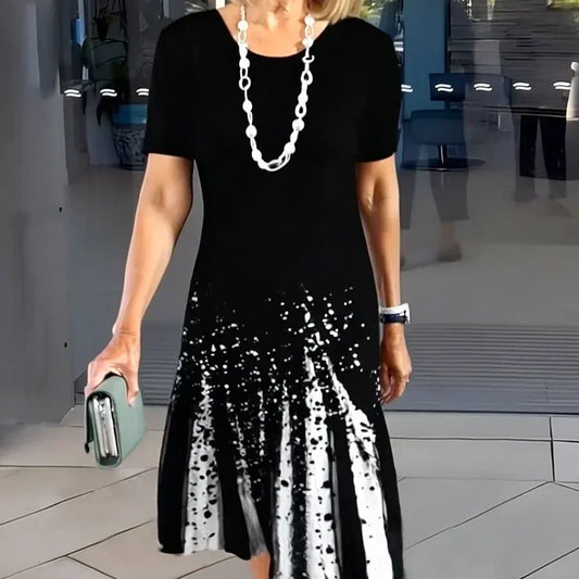 Saskia | Women's Black White Print Midi Dress Short Sleeve