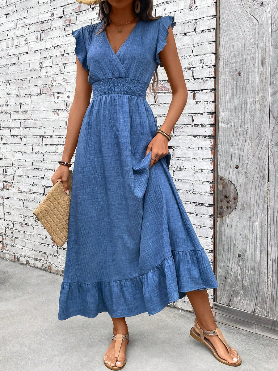 Saskia | Women's V-Neck Smocked Waist Ruffle Maxi Dress