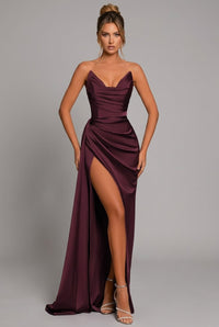 Charlotte | Satin Maxi Dress Ruched Sweetheart Split Crimson Red