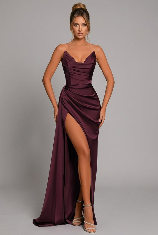 Charlotte | Satin Maxi Dress Ruched Sweetheart Split Crimson Red