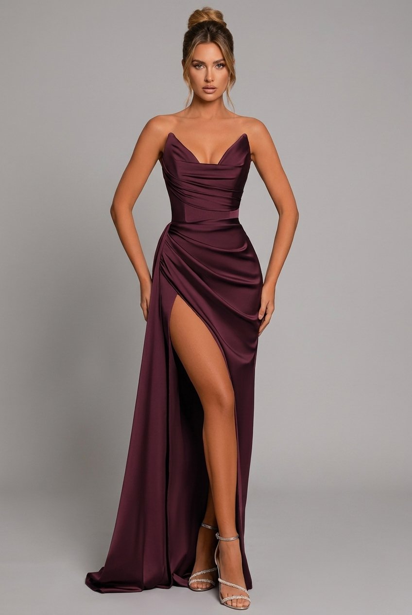 Charlotte | Satin Maxi Dress Ruched Sweetheart Split Crimson Red