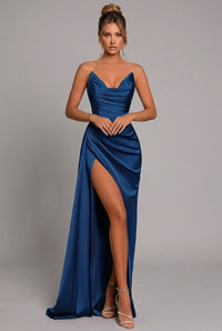 Charlotte | Satin Maxi Dress Ruched Sweetheart Split Blue