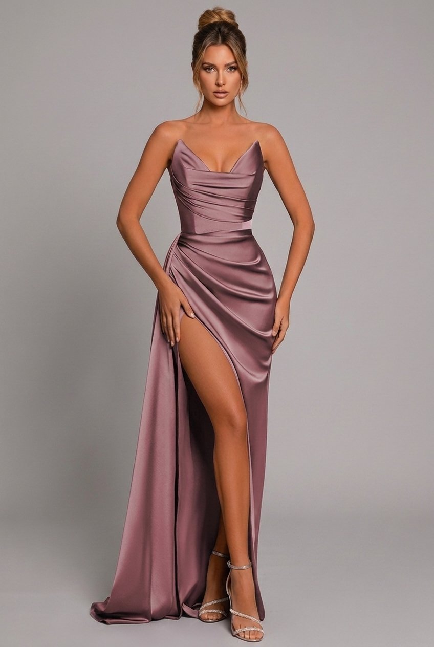 Charlotte | Satin Maxi Dress Ruched Sweetheart Split Dusty Rose