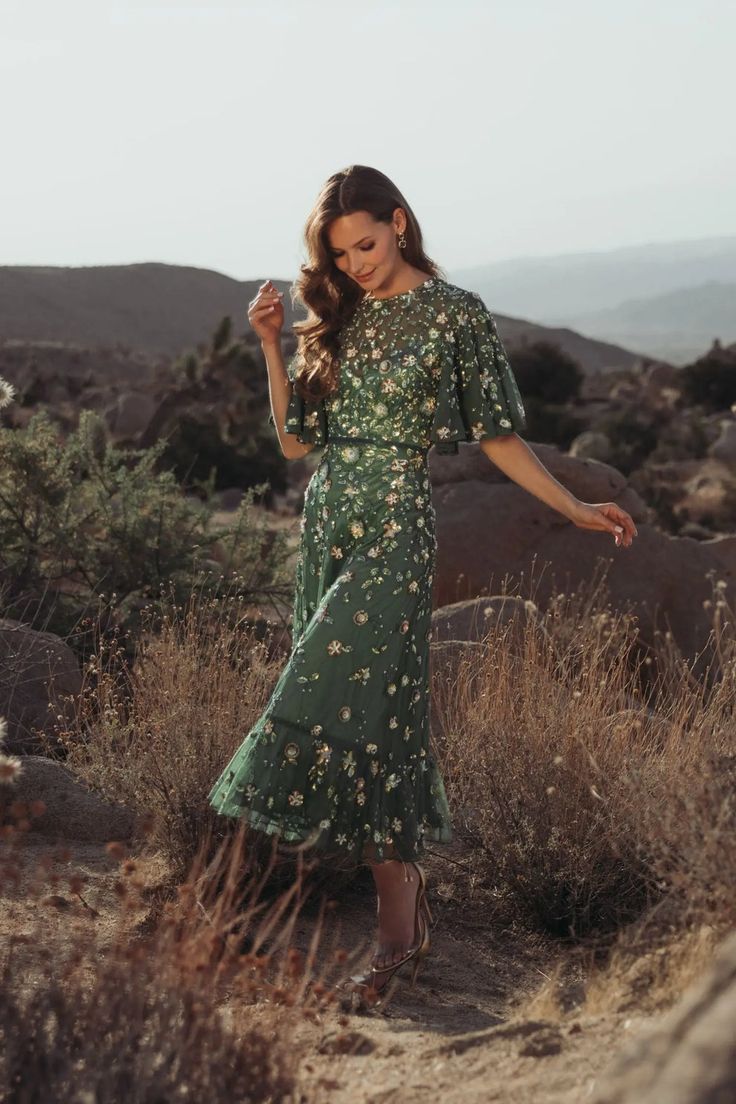 Sequin Floral Midi Cocktail Dress Sage