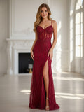 Sequin Lace Burgundy Prom Dress Sheath Column V Neck Sequins With Slit