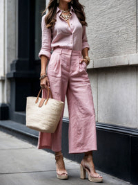 Serenella | Women's Button Down Shirt Wide Leg Pants Set
