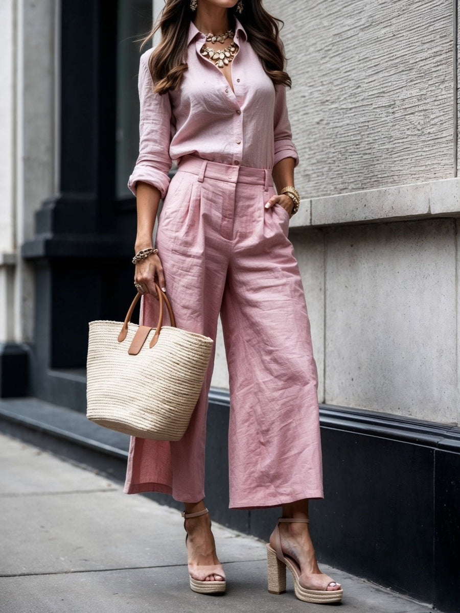 Serenella | Women's Button Down Shirt Wide Leg Pants Set