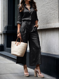 Serenella | Women's Button Down Shirt Wide Leg Pants Set