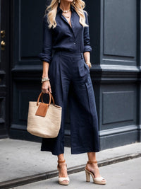 Serenella | Women's Button Down Shirt Wide Leg Pants Set
