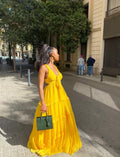 Sexy A Line Straps Yellow Floor Length Chiffon Prom Dress 1690
