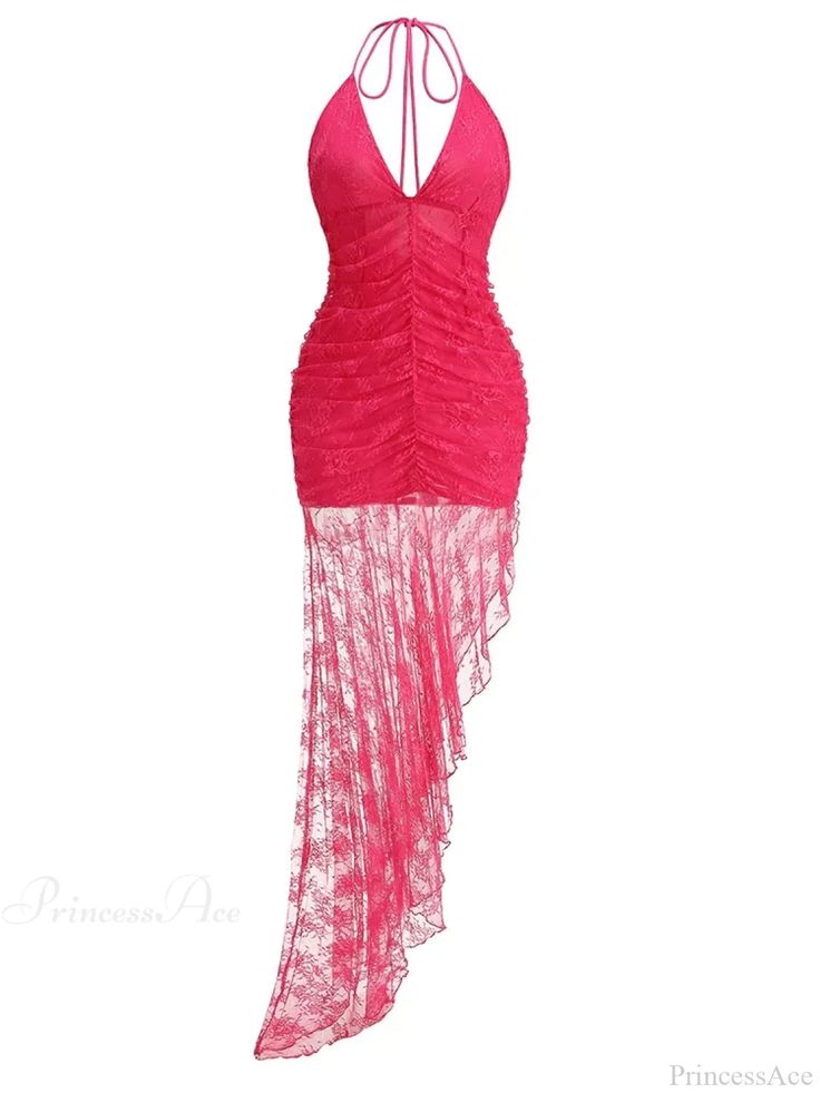 Sexy Halter Lace Up Deep V Neck Lace Ruffles Rose Red Party Dress