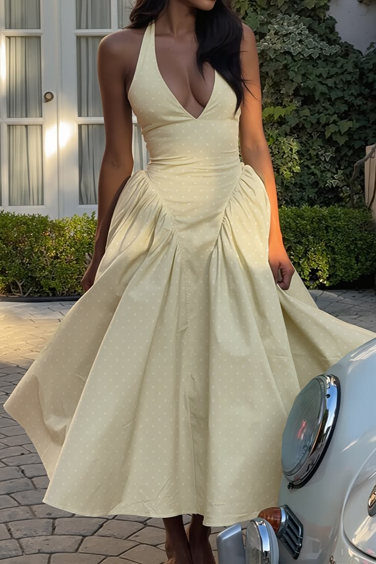 Sexy Polka Dot Halter Deep V High Rise Maxi Dress Yellow L