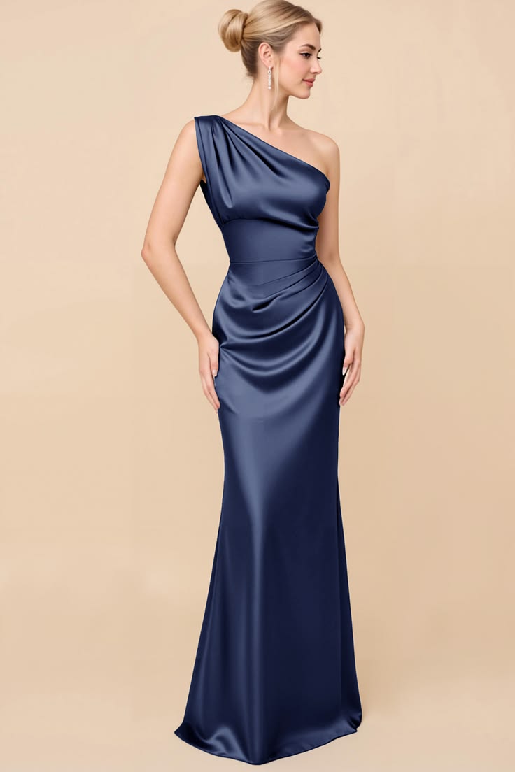 Sheath Satin Eucalyptus Ruched One Shoulder Long Bridesmaid Dress Dark