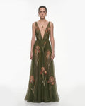 Sheer Floral Print Maxi Dress Olive, 6 US